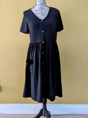 Classic Black Button-Front Midi Dress